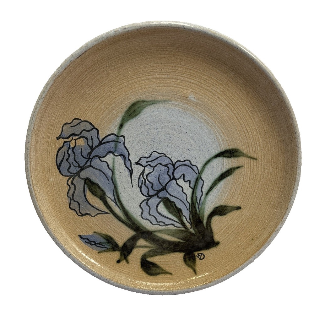 Vtg Studio Art Pottery Blue Iris Floral Serving‎ Pie Plate Signed 10.75" x 1.25"